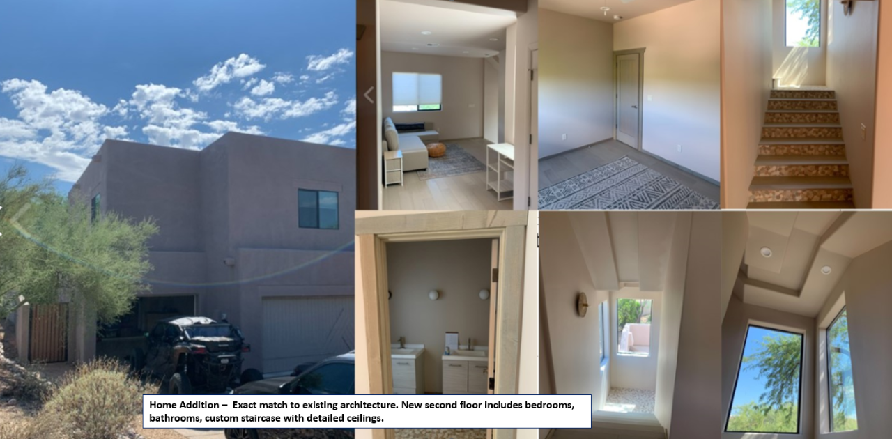 Home addition — exact match to existing architecture with new second floor, bedrooms, bathrooms and custom staircase